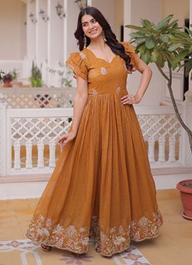 Mustard Crush Organza Zari Embroidered Sequins Gown