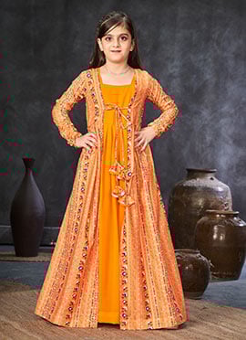 Mustard Digital Print Faux Georgette Kids Gown