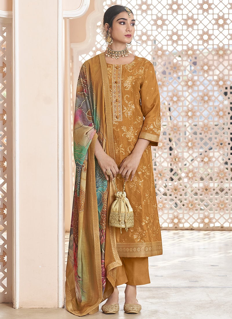 Mustard Dola Silk Jacquard Embroidered Sequins Straight Pant Suit Festive Wear