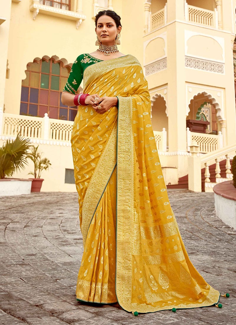 Mustard Dola Silk Jacquard Zari Embroidered Sequins With Beads Work Saree
