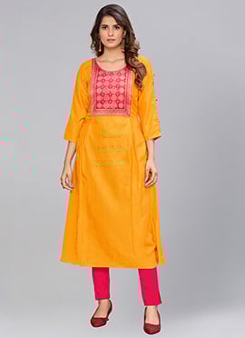 Mustard Dola Silk Jaquard Yoke Long Kurti