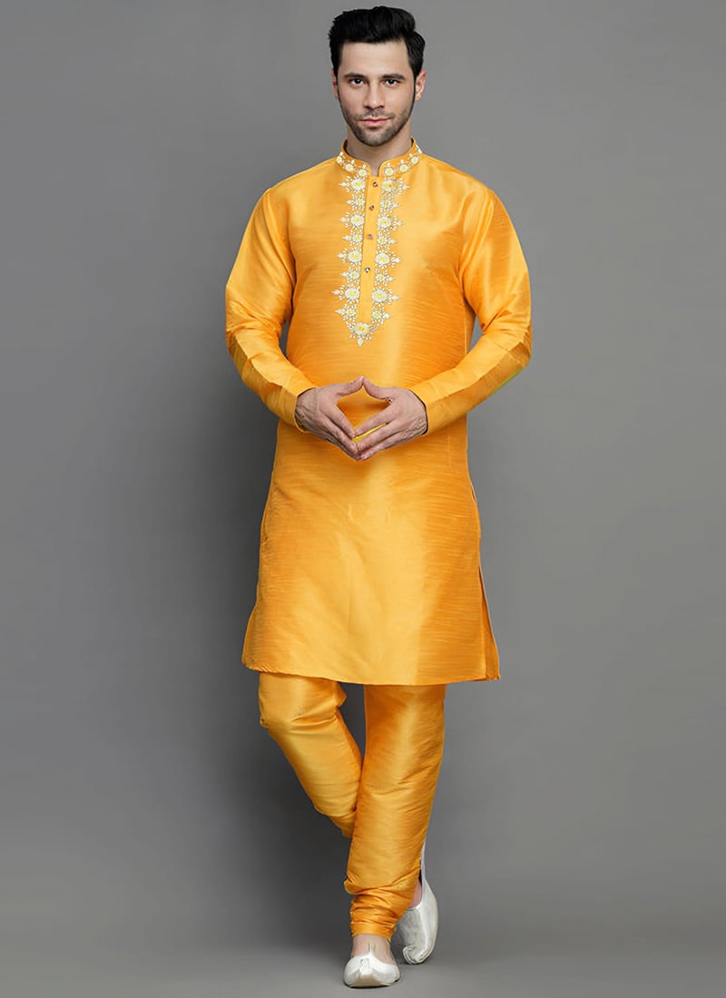 Mustard Dupion Embroidered Kurta Pyjama Festive Wear