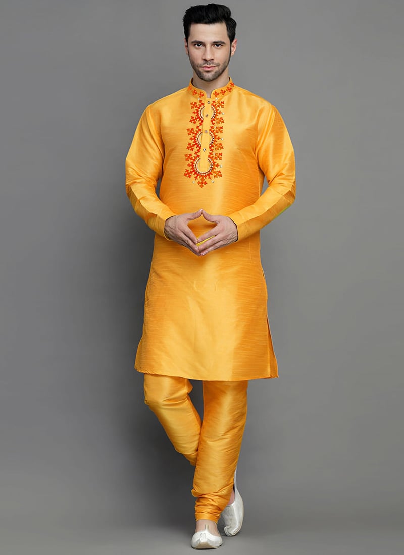 Mustard Dupion Embroidered Kurta Pyjama Festive Wear