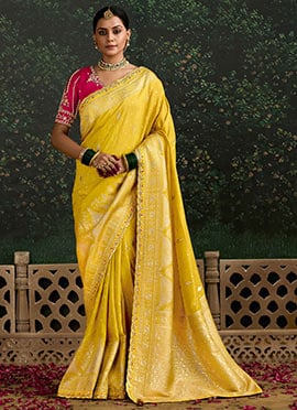 Mustard Embroidered And Sequins Thread Work Saree