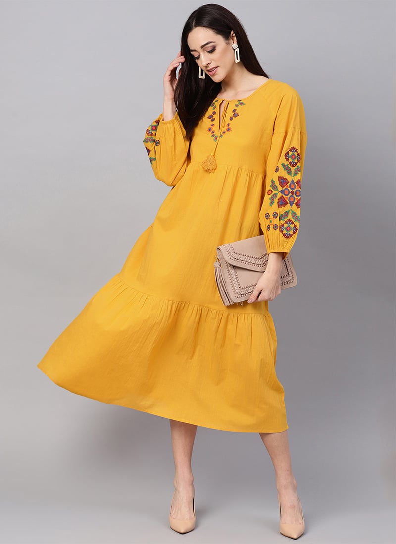 Mustard Embroidered Indowestern Dress Party Wear