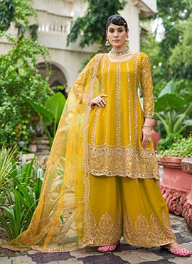 Mustard Embroidered Mirror Work Chinon A Line Palazzo Suit
