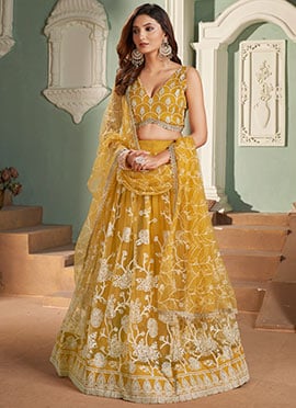 Mustard Embroidered Net Umbrella Lehenga