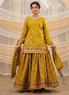 Mustard Embroidered Sequins Chinon Palazzo Suit