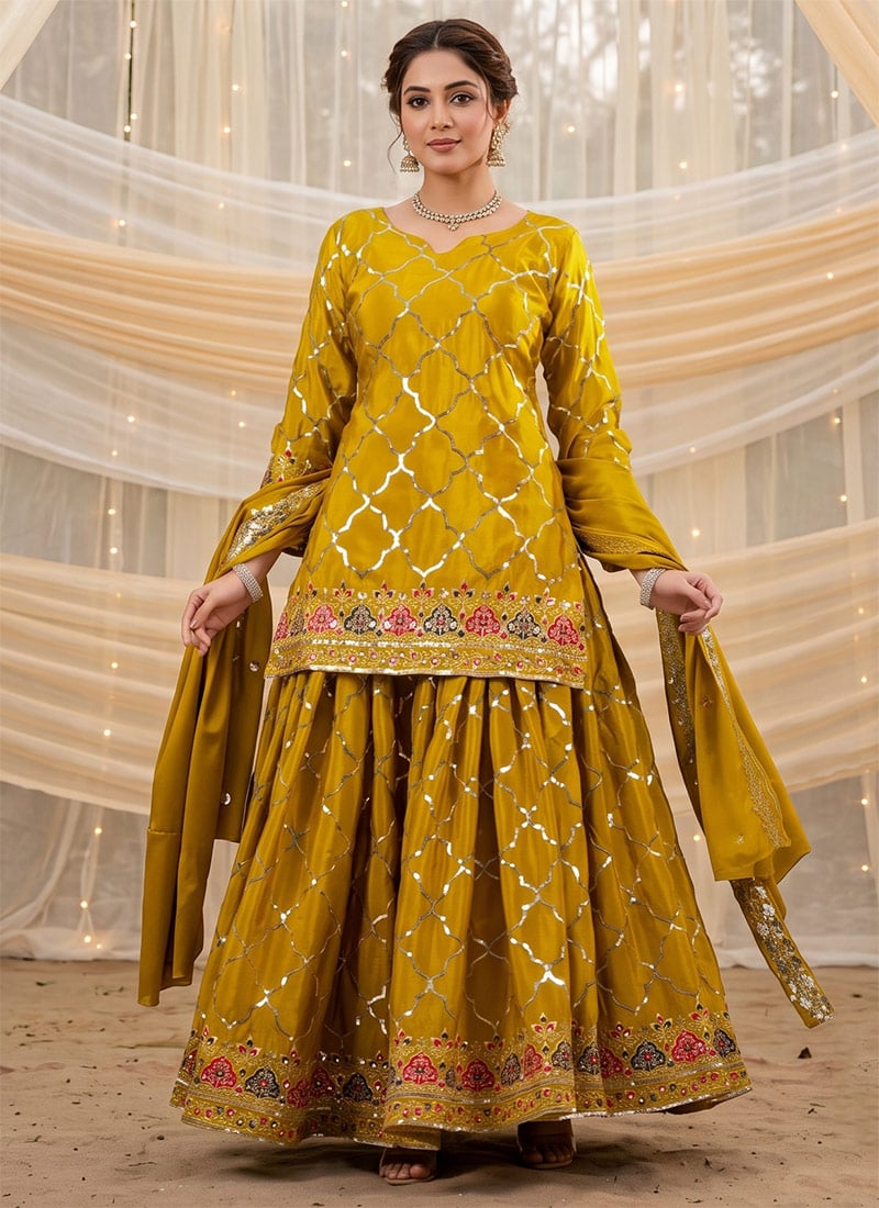 Mustard Embroidered Sequins Chinon Palazzo Suit Festive Wear