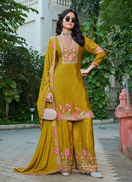 Mustard Embroidered Sequins Silk Palazzo Suit