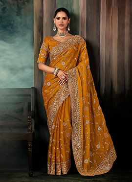 Mustard Fancy Silk Zari Embroidered Sequins Stones Saree