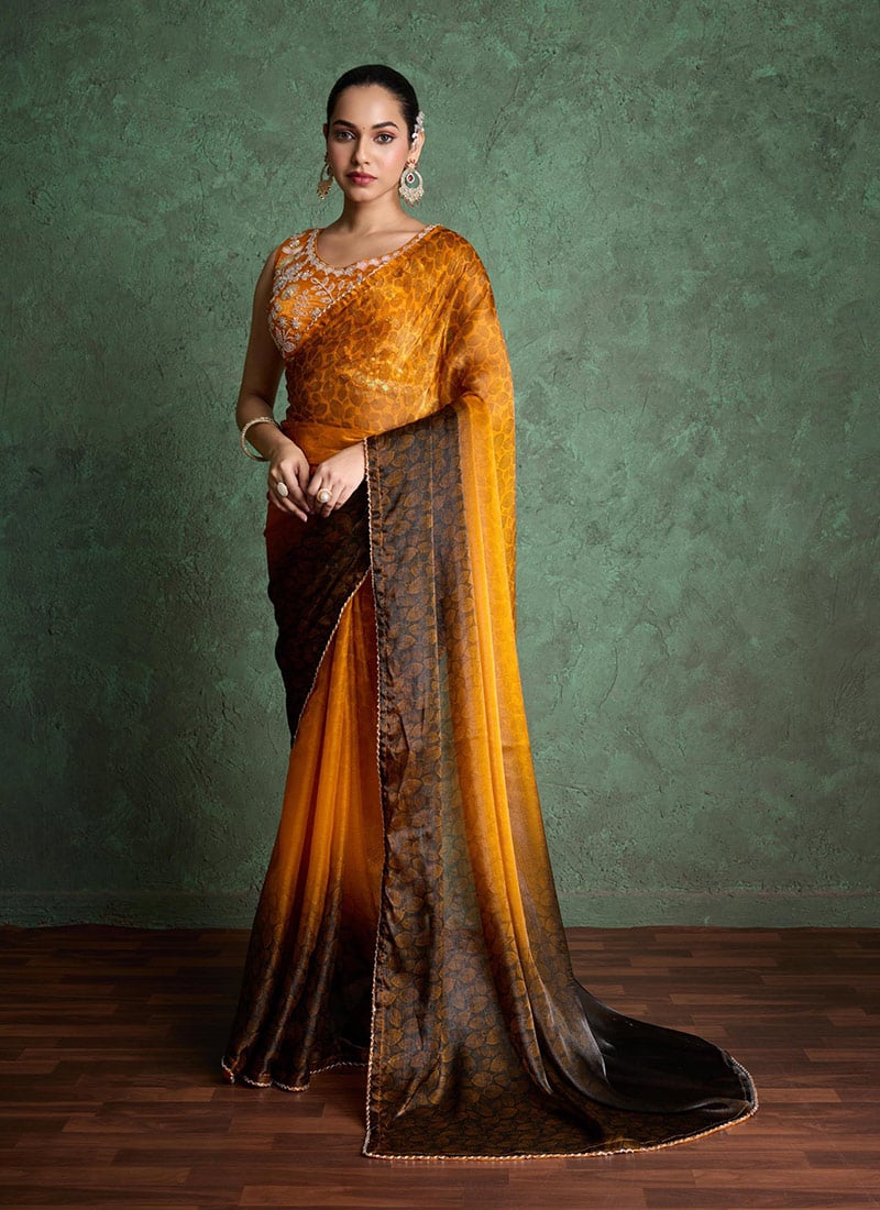 Mustard Fandy Chiffon Embroidered Cutdana Saree Border Festive Wear