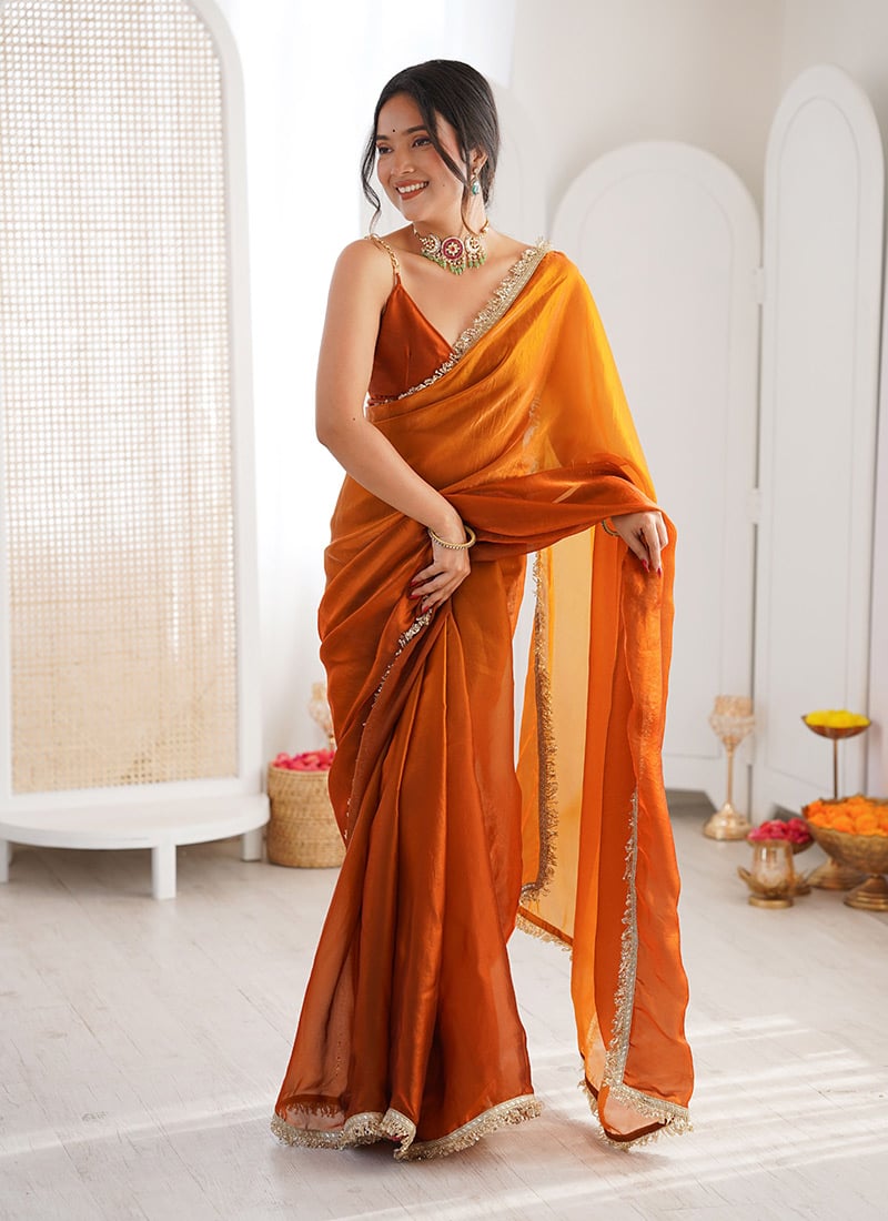 Mustard Fandy Satin Shaded Zari Lace Border Saree After Six Wear