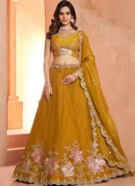 Mustard Fandy Silk Floral Embroidered Lehenga