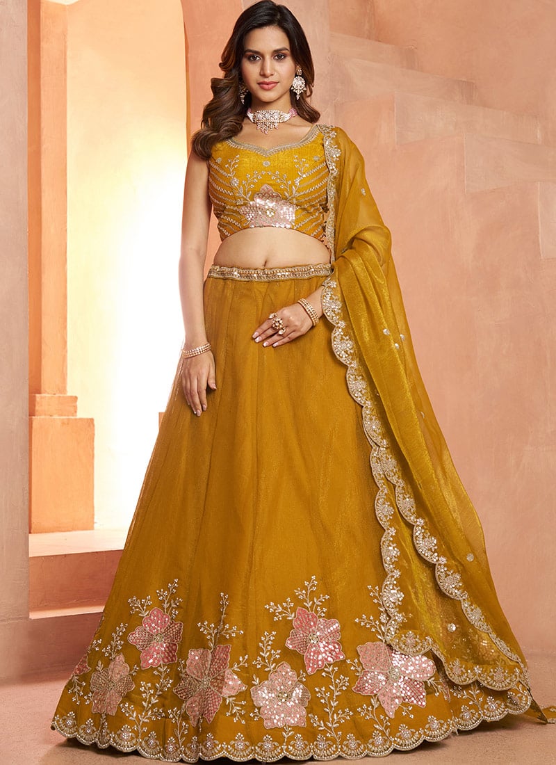 Mustard Fandy Silk Floral Embroidered Lehenga Wedding Wear