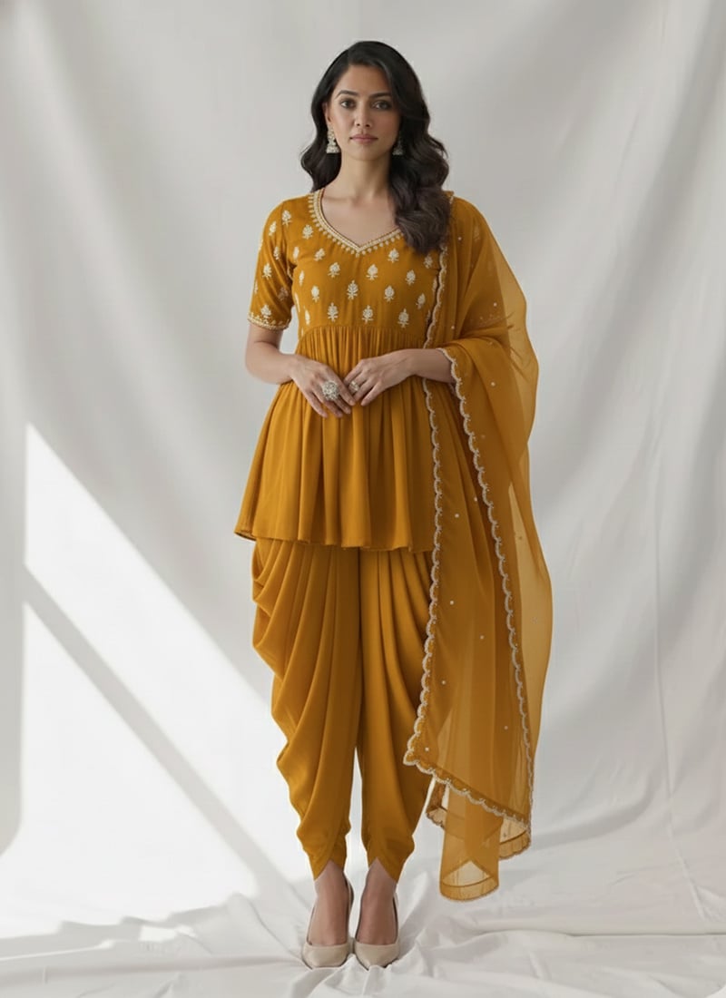 Mustard Faux Georgette Beads And Sequins Dhoti Suit Festive Wear