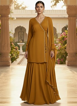 Mustard Faux Georgette Cutdana Work Long Choli Lehenga