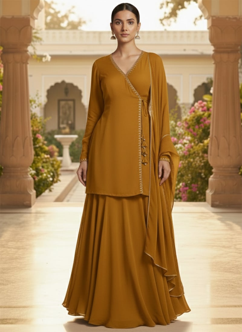 Mustard Faux Georgette Cutdana Work Long Choli Lehenga Festive Wear