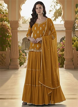 Mustard Faux Georgette Cutdana Work Long Choli Lehenga