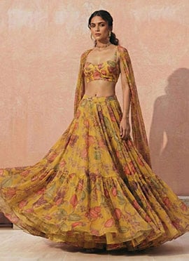 Mustard Faux Georgette Digital Print Lehenga