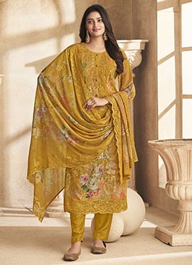 Mustard Faux Georgette Digital Print Straight Pant Suit