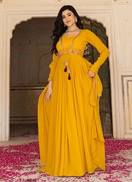 Mustard Faux Georgette Embroidered Anarkali Suit