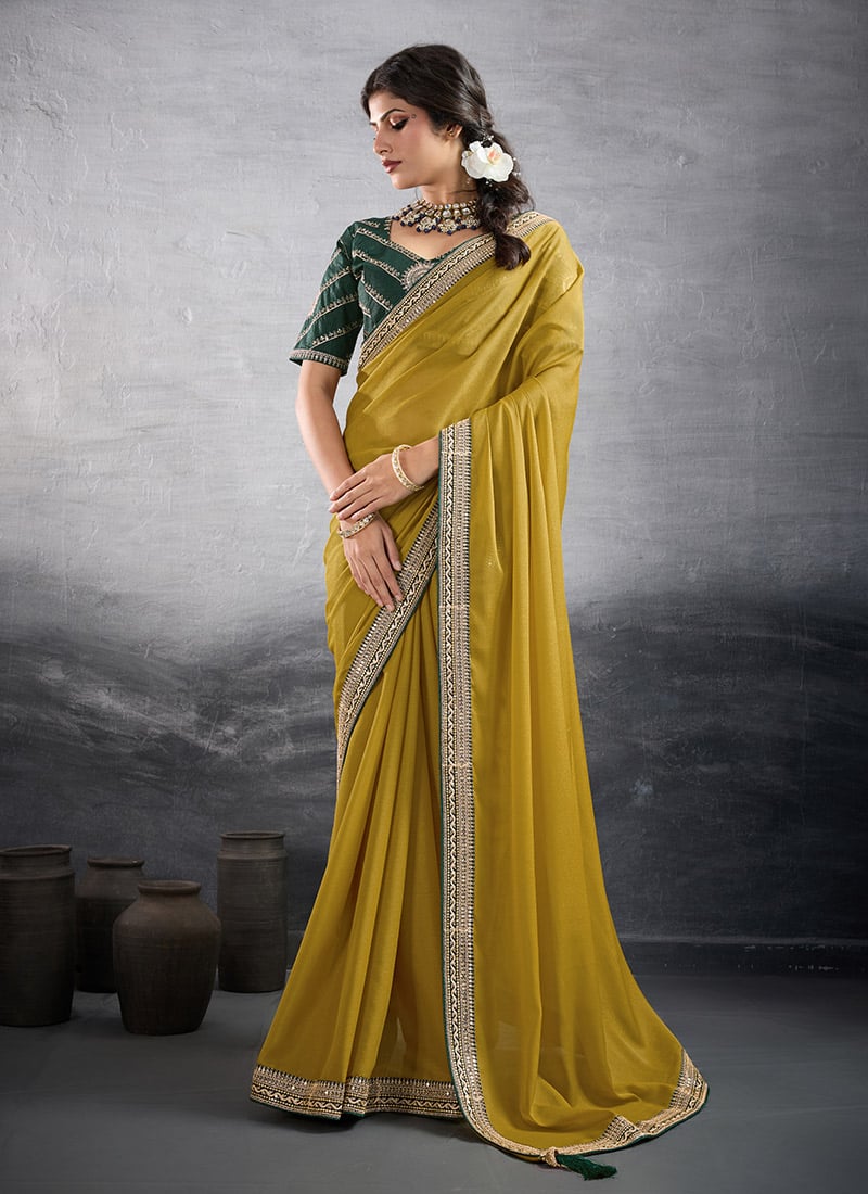 Mustard Faux Georgette Embroidered Sequins Saree