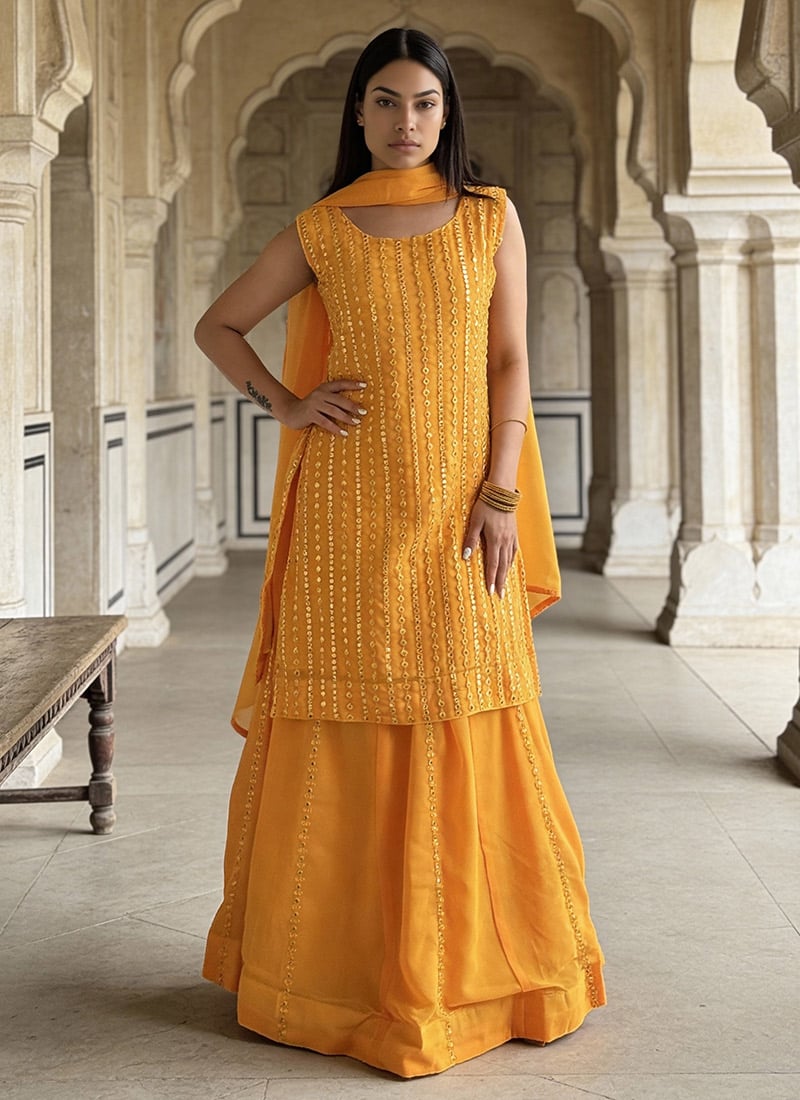 Mustard Faux Georgette Foil Mirror Thread Embroidered A Line Lehenga Festive Wear