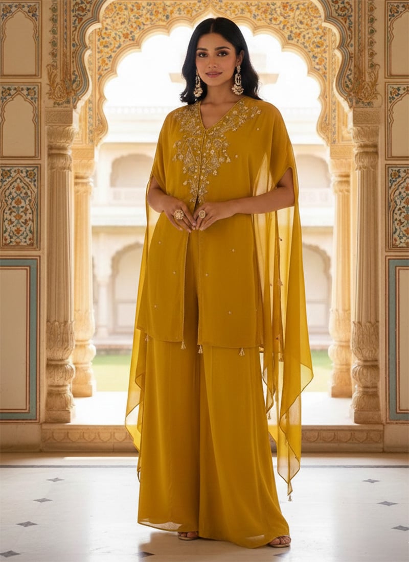 Mustard Faux Georgette Hand Embroidered Indowestern Kaftan Set After Six Wear