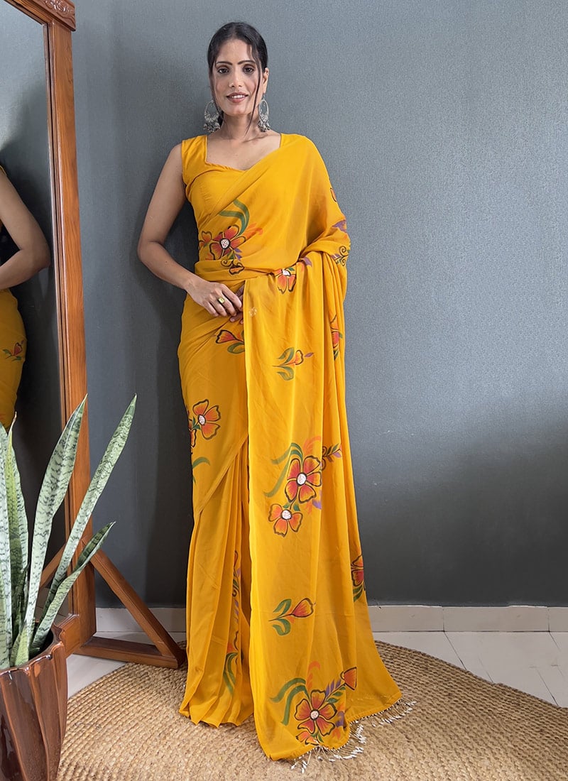 Mustard Faux Georgette Hand Painted Saree After Six Wear