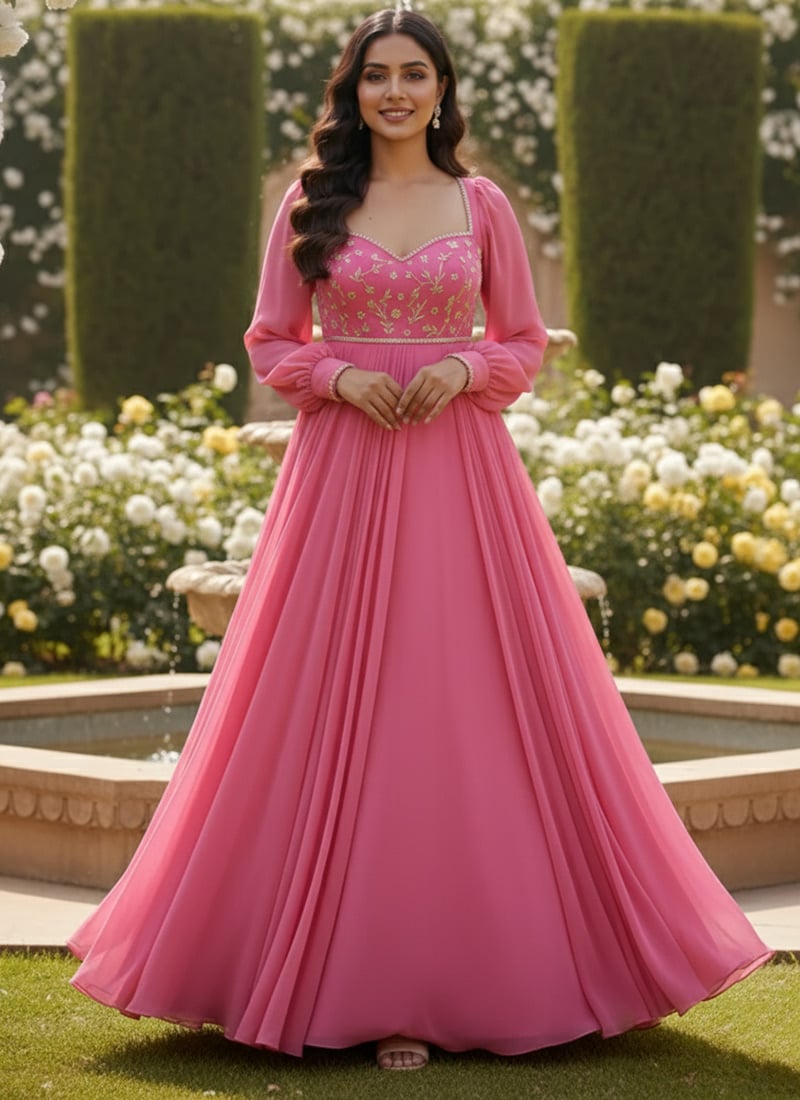 Pink Faux Georgette Sequins And Zari Anarkali Suit Festive Wear