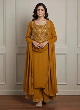 Mustard Faux Georgette Sequins And Zari Palazzo Suit