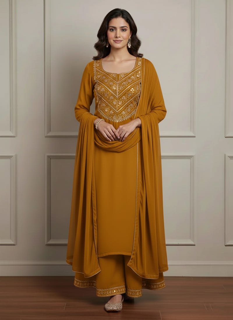 Mustard Faux Georgette Sequins And Zari Palazzo Suit Festive Wear