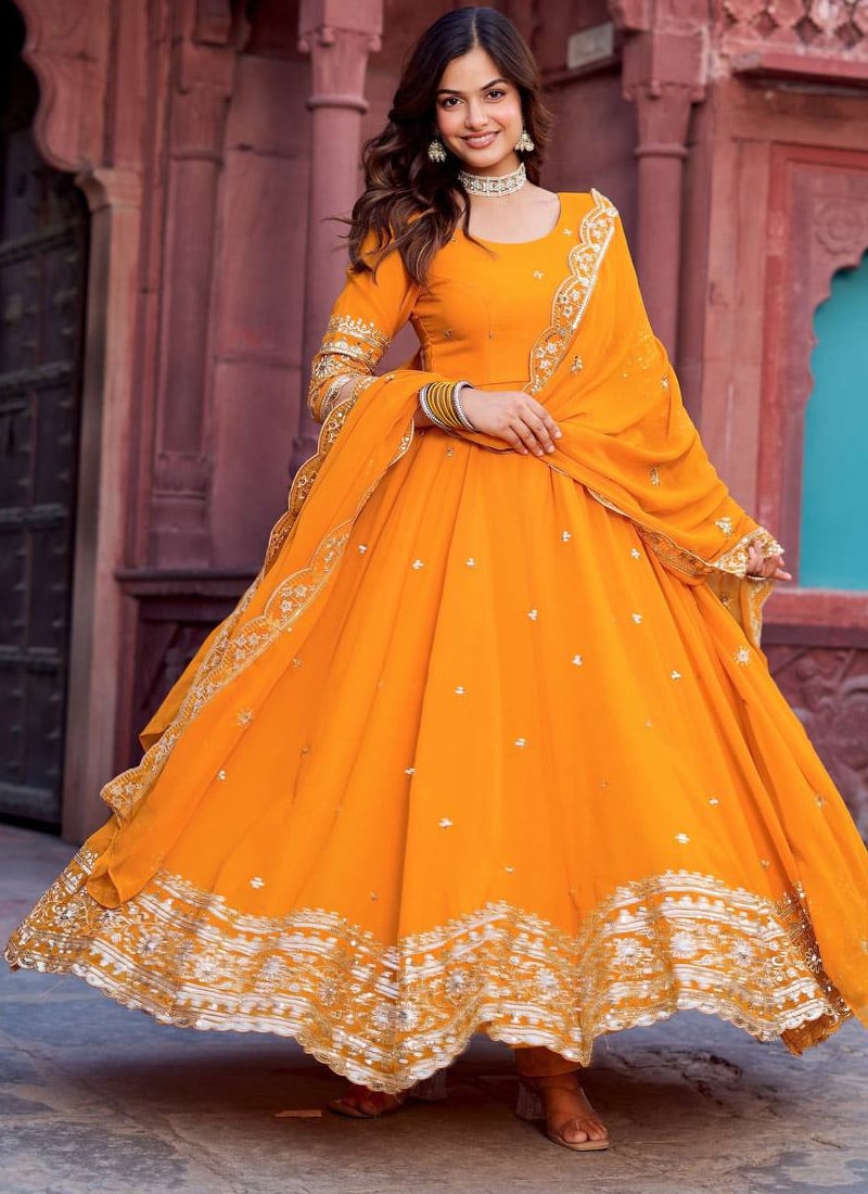 Mustard Georgette Sequins Embroidered Anarkali Suit After Six Wear