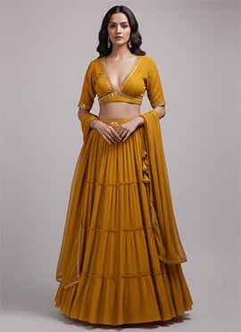 Mustard Faux Georgette Sequins Hand Embroidered Lehenga