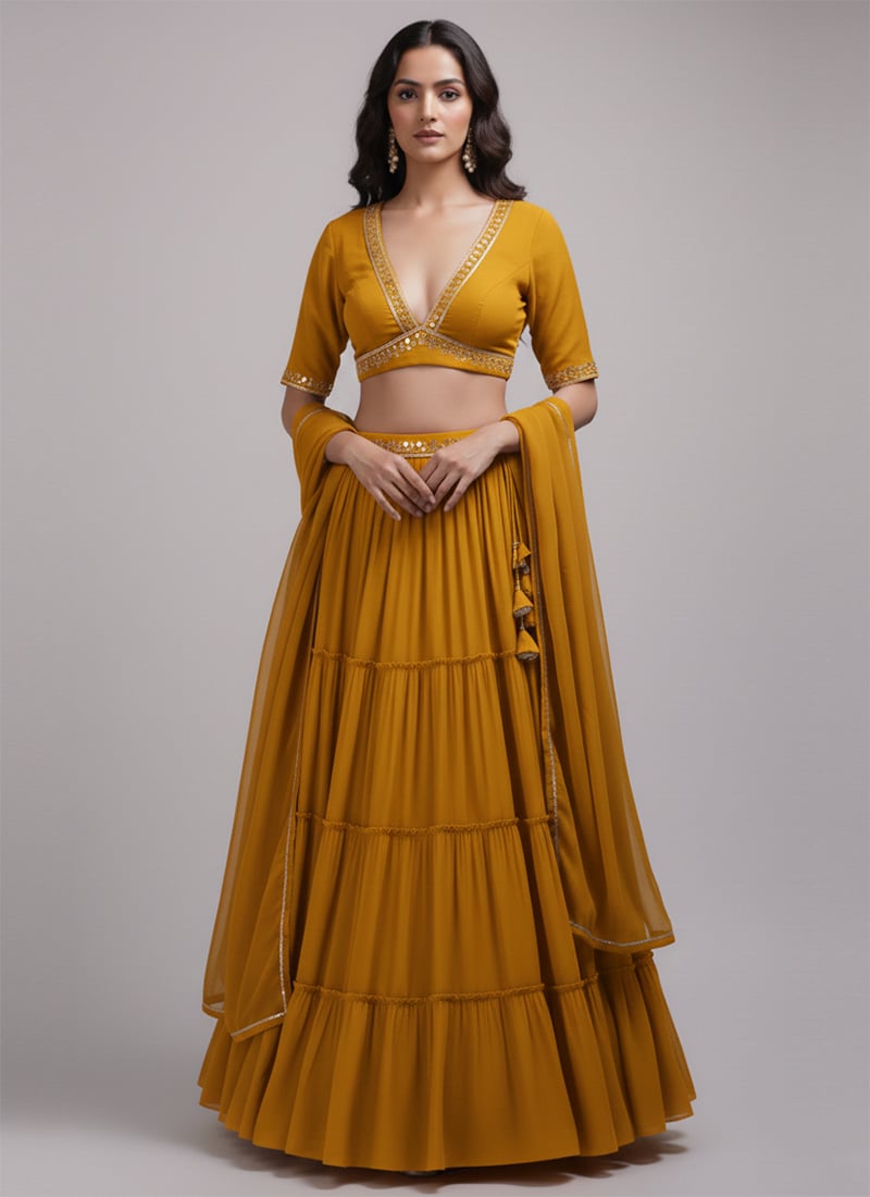 Mustard Faux Georgette Sequins Hand Embroidered Lehenga Wedding Wear