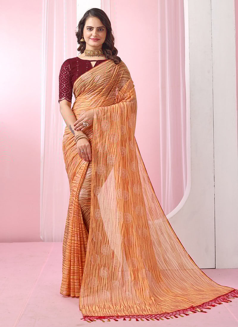Orange Faux Georgette Sequins Saree Festive Wear