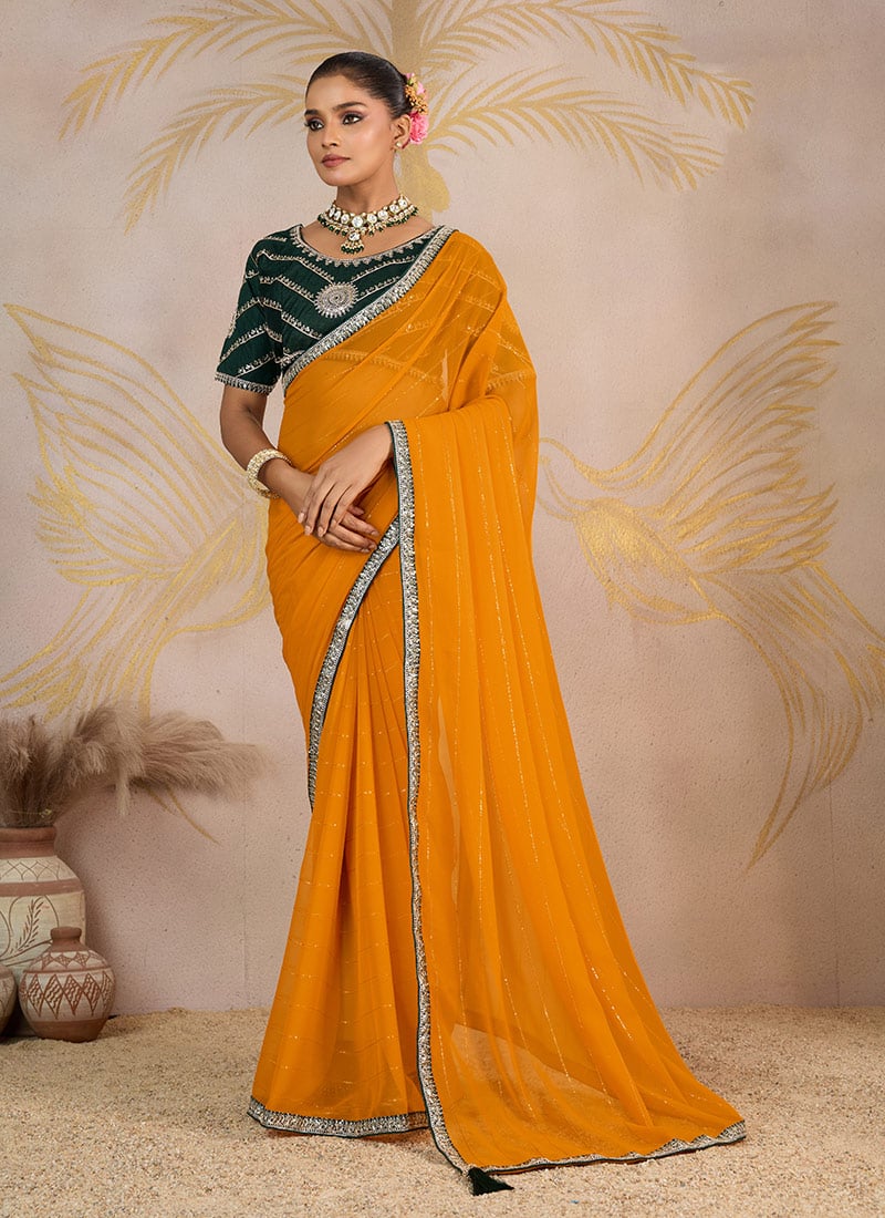 Mustard Faux Georgette Zari And Embroidered Sequins Saree Festive Wear