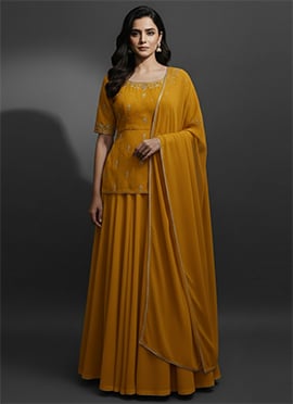 Mustard Faux Georgette Zari Foil Embroidered A Line Lehenga