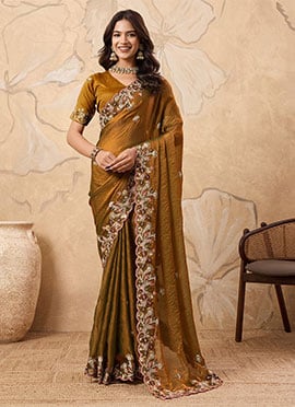 Mustard Fendy Chiffon Sequins Embroidered Saree