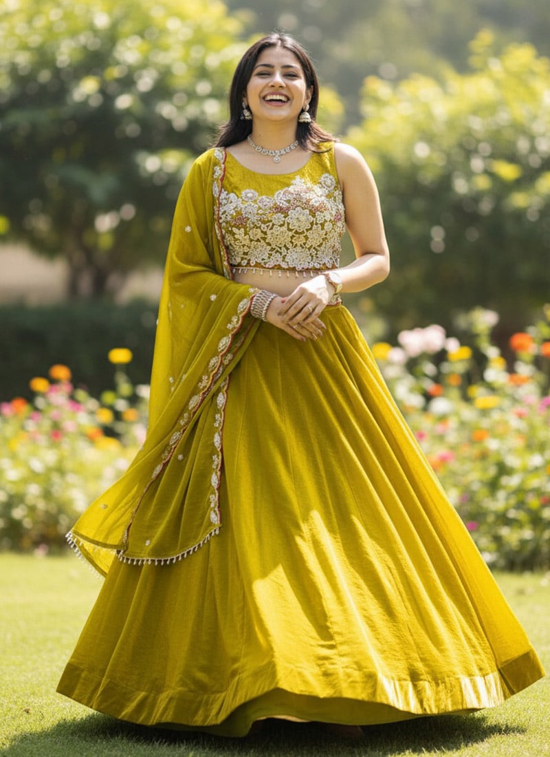 Mustard Fendy Silk Embroidered Sequins Lehenga Wedding Wear