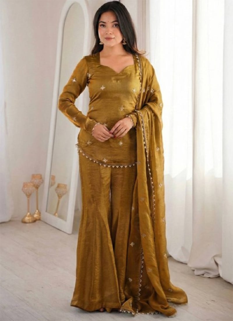 Mustard Fendy Silk Embroidered Sequins Sharara Suit Festive Wear