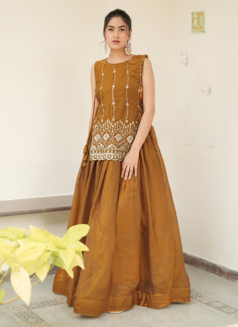 Mustard Fendy Silk Embroidered Sequins Skirt Set Wedding Wear