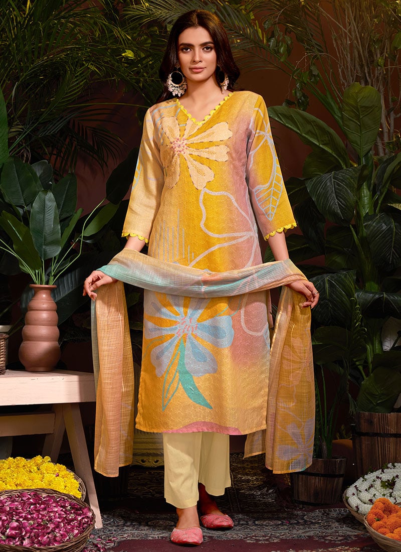 Mustard Floral Digital Print Hand Work Schiffli Kurta Straight Pant Suit