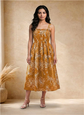 Mustard Floral Printed Cotton Midi Dress