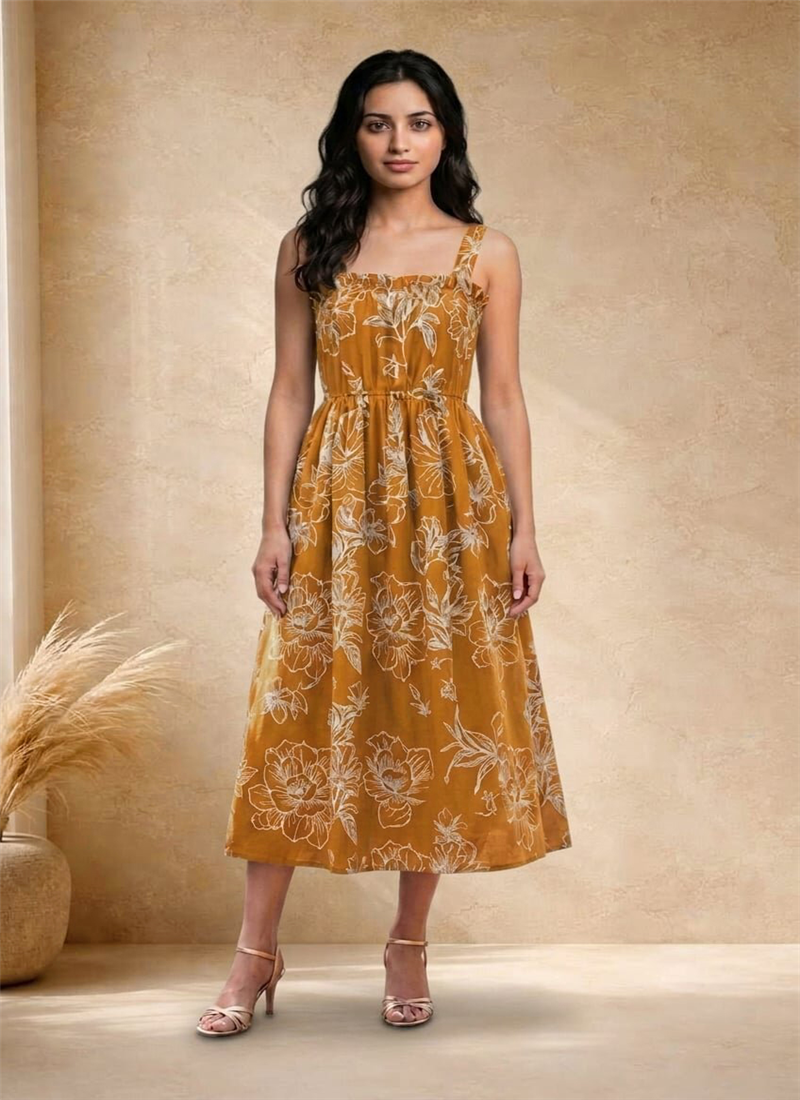 Mustard Floral Printed Cotton Midi Dress After Six Wear