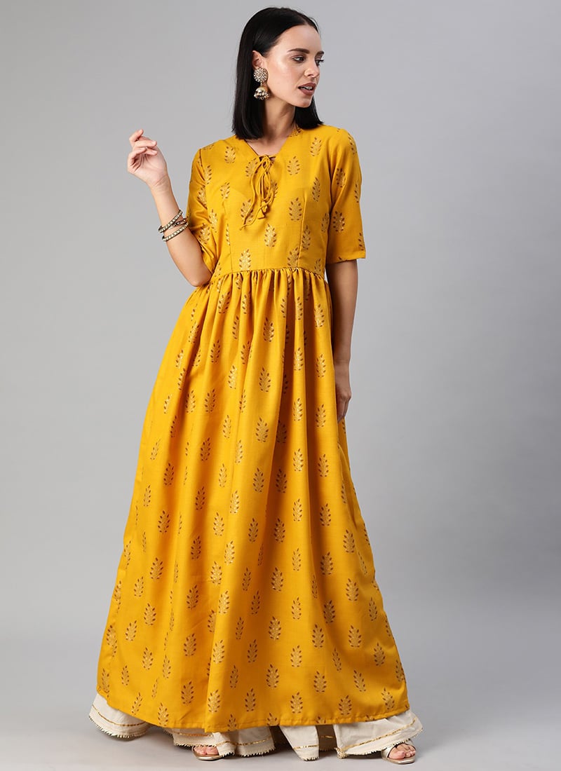 Mustard Foil Printed Rayon Ankle Length Kurti