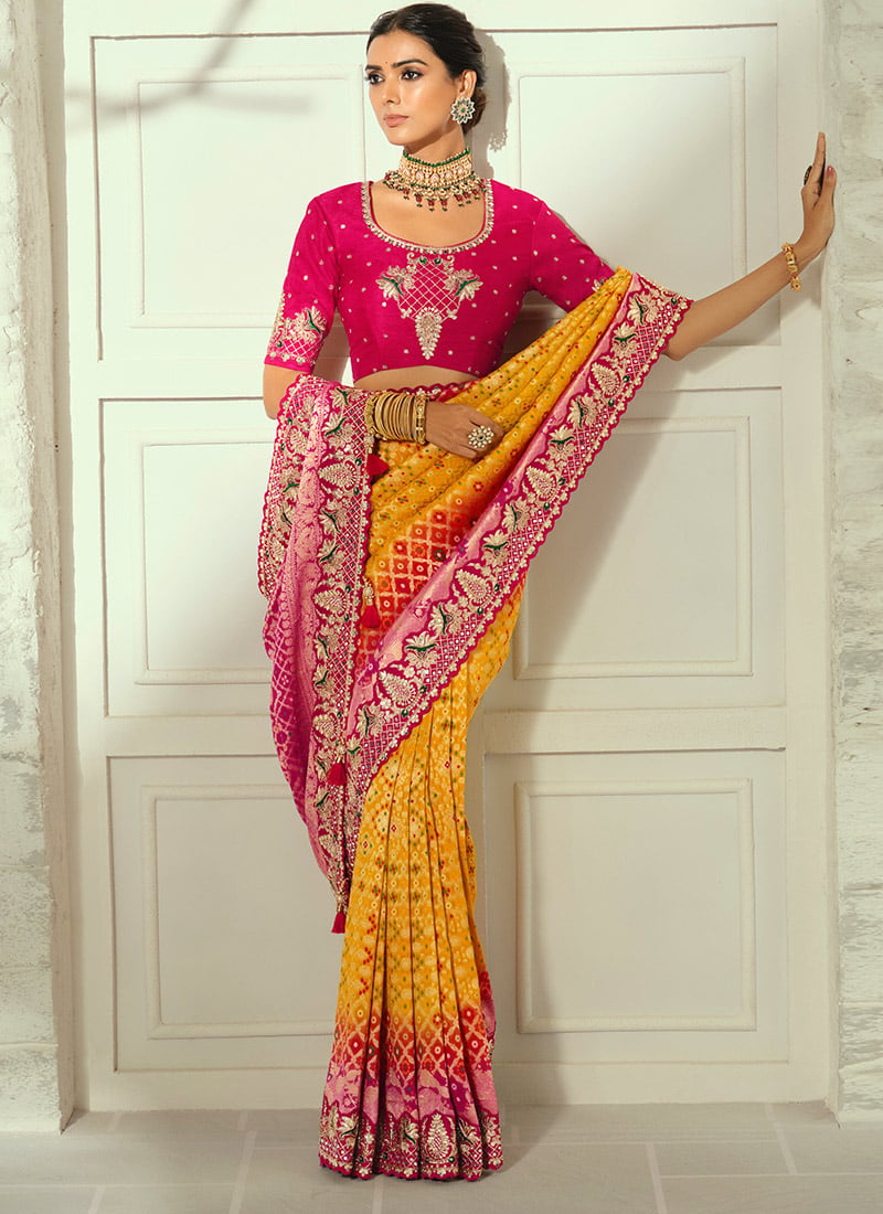 Mustard Georgette Bandhej Print Moti Cutdana Hand Embroidered Saree Festive Wear