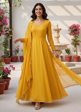 Mustard Georgette Beads Sequins Anarkali Suit