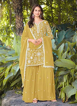 Mustard Georgette Beads Sequins Embroidered Thread Palazzo Suit